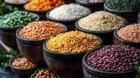 Colorful variety of raw legumes and grains in wooden bowls - red kidney beans, yellow lentils, chickpeas, green peas, quinoa and split peas arranged in rows.