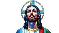Modern geometric portrait of Jesus Christ with colorful stained glass effect and sacred halo, contemporary religious art for spiritual designs.