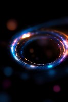 Glowing spiral ring with blue and purple light effects on dark background, magical energy circle with bokeh and lens flare elements creates cosmic atmosphere.