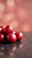Fresh ripe red cherries with water drops on dark surface against soft pink bokeh background for summer fruit and healthy eating concepts.