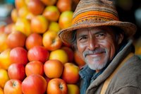 Smiling senior Hispanic farmer with gray beard wearing straw hat stands proudly next to colorful fresh oranges and apples at local farmers market produce stand.