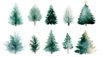 Watercolor winter trees collection in green and teal shades with delicate brush strokes on white background, seamless pattern ready for seasonal designs and holiday projects.