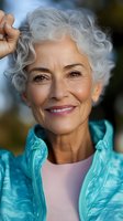 Confident senior woman with natural gray curly hair wearing turquoise athletic jacket and pink top smiles warmly at camera, representing active aging and vitality.