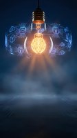 Glowing lightbulb with brain filament surrounded by floating tech icons representing artificial intelligence, innovation and creative thinking concepts.