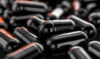 Black glossy medical capsules scattered on dark background with orange reflections, macro pharmaceutical photography for healthcare and medicine concepts.