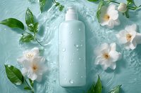 White cosmetic bottle with water drops surrounded by fresh jasmine flowers and green leaves floating in clear turquoise water, wellness spa concept.