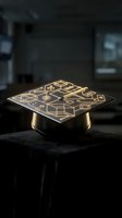 Glowing graduation cap with educational icons and symbols floating above dark surface representing academic achievement and learning success.
