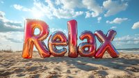 Pink and orange balloon letters spelling RELAX on sandy beach against blue sky with white clouds, creating summer vacation mood on seaside background.
