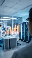 Futuristic holographic data visualization displaying orange bar charts with performance metrics in modern server room environment for business analytics and technology concepts.