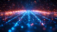 Futuristic digital landscape with glowing blue light rays and red particle effects creating depth perspective on dark background. Technology concept.