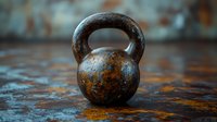 Rustic kettlebell with worn patina on grunge metal surface in dramatic lighting, showcasing strength training equipment against dark moody background.
