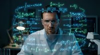 Professional male scientist with glasses analyzing holographic mathematical equations and formulas in futuristic laboratory environment for research presentations.