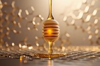 Golden honey dripping from wooden dipper against blurred bokeh background, close up macro shot showing viscous texture and warm amber glow.