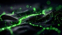 Glowing green particles and light waves flow through dark space creating dynamic network connections and abstract technology visualization background.