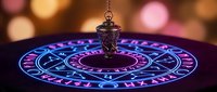 Mystical pendulum swinging over illuminated zodiac wheel with astrological symbols and cosmic energy patterns for divination and spiritual guidance practices.
