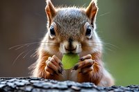 Adorable red squirrel holding small green acorn while perched on tree bark, close-up portrait showing detailed facial features and paws in natural forest setting.