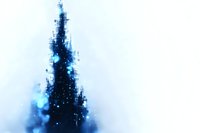 Ethereal blue Christmas tree silhouette with glowing bokeh lights and soft focus effect creates magical holiday atmosphere against white background.