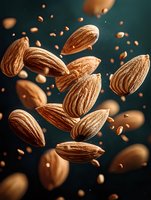 Flying almonds in dynamic composition against dark green background, with detailed texture and natural lighting creating dramatic food photography effect.