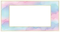 Pastel watercolor frame border with soft pink blue purple hues and gold accent, blank white center space for text or design elements, artistic stationery template.