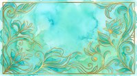 Turquoise watercolor background with ornate gold flourish borders and swirling botanical leaf designs, isolated on white for invitations, cards, and decorative design projects.
