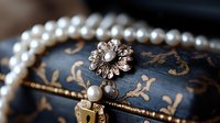 Pearl necklace with vintage silver flower brooch and antique key on ornate dark blue box with golden floral pattern, romantic jewelry still life.