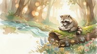 Cute raccoon sitting on mossy log by forest stream with wildflowers in sunny woodland setting, watercolor style illustration for children's books and nature designs.