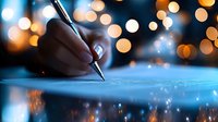 Person writing with pen on paper against blurred bokeh lights background creating magical atmosphere with reflective surface and dreamy evening mood.