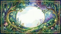 Enchanted forest frame with glowing mushrooms, twisted trees, and lush greenery surrounding an oval copy space for text or design.