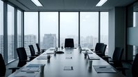 Modern corporate boardroom with panoramic city skyline view through floor-to-ceiling windows. Executive meeting space with conference table and chairs.