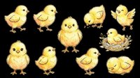 Cute yellow chicks in various poses isolated on transparent background. Ready for t-shirt designs, clipart, stickers, print-on-demand products, and sublimation projects.