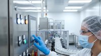 Laboratory technician in protective gear examining pharmaceutical capsules in sterile manufacturing facility with modern equipment and quality control systems.