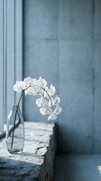 White orchid flowers in glass vase on rustic wooden surface against soft blue interior background for home decor and wellness concepts.
