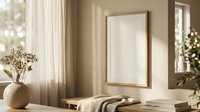 Minimalist interior with blank wooden frame on beige wall, natural light streaming through window, ceramic vase with dried branches creating serene home decor.