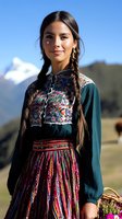 Young Hispanic woman in traditional folk costume with embroidered details and braided hair poses against mountain landscape in natural sunlight.
