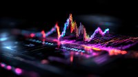 Glowing financial chart with neon pink and blue colors showing market data visualization on dark background with bokeh effect and selective focus.