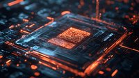 Glowing microprocessor unit with orange light effects on dark background, modern computer technology concept showing digital processing power and innovation.