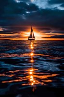 Sailboat silhouette against dramatic orange sunset sky, with sunlight reflection creating glowing path on dark blue ocean waters, moody storm clouds above.