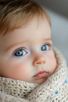 Close up portrait of Caucasian baby with bright blue eyes wrapped in cream knitted scarf. Soft focus photography highlights innocent expression and delicate features.