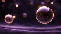 Magical soap bubbles floating in dark purple night sky with bokeh lights and glowing particles creating dreamy atmospheric scene. Suitable for fantasy backgrounds.
