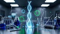 Modern laboratory with glowing DNA helix and virus particles surrounded by scientific equipment and test tubes for medical research and biotechnology.