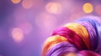 Vibrant multicolored hair strands with pink, purple, orange and yellow hues against blurred bokeh background in soft purple tones creating dreamy atmosphere.