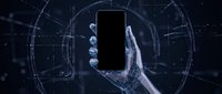 Futuristic robotic hand holding smartphone with blank screen surrounded by glowing digital interface circles and technological elements on dark background.