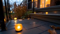 Glowing candles illuminate dark stone patio steps at dusk, with fallen autumn leaves scattered around creating cozy outdoor ambiance for home decoration.