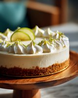 Creamy key lime cheesecake with graham cracker crust, topped with whipped cream rosettes, lime zest and fresh lime slice on wooden cake stand.