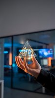 Business professional holding glowing pyramid with growth chart and gears in modern office environment representing success and innovation concepts.