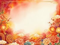 Lunar new year celebration background with red and gold decorative elements, lanterns, peonies, and traditional ornaments framing blank center space for text or design use.
