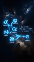 Digital marketing strategy concept with neon glowing icons representing launch, optimize, analyze, target, create, and convert steps against cosmic galaxy background for business presentations.