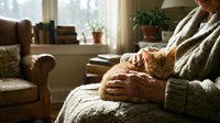 Senior woman with wrinkled hands wearing cozy sweater gently petting orange tabby cat on lap in warm sunlit living room with comfortable furniture and plants.