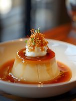 Creamy caramel flan dessert topped with whipped cream, caramel sauce, and delicate garnish served in white plate. Elegant restaurant presentation with soft focus background.