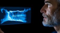 Mature bearded Caucasian male doctor examining digital jaw x-ray scan with blue glow effect against dark background, demonstrating modern dental diagnostics technology.